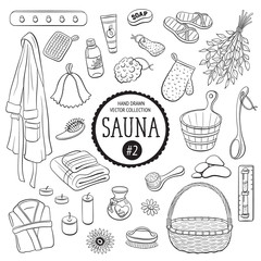 Sauna accessories sketch. Hand drawn spa items collection. Doodle sauna objects isolated on white background.