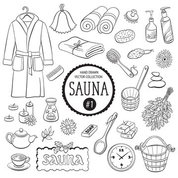 Sauna accessories sketch. Hand drawn spa items collection. Doodle bathroom objects isolated on white background.