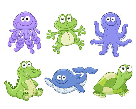 Cute cartoon animals isolated on white background. Stuffed toys set. Vector illustration of adorable plush baby animals. Jellyfish, frog, octopus, crocodile, whale, turtle.