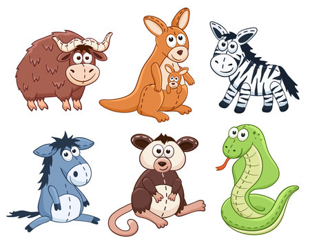 Cute cartoon animals isolated on white background. Stuffed toys set. Vector illustration of adorable plush baby animals. Yak, kangaroo, zebra, donkey, opossum, snake.