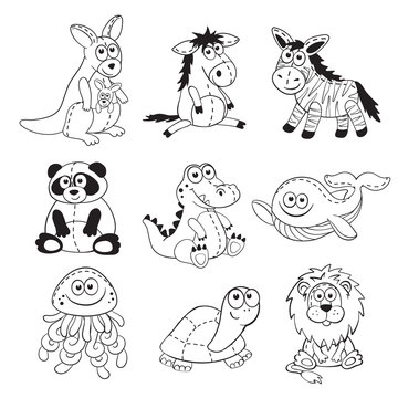 Cute cartoon animals isolated on white background. Stuffed toys set. Cartoon animals outline collection.