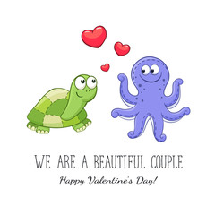 Cartoon animals with hearts. Valentine's day. Funny greeting card. We are different but i still love you. Turtle and octopus in love.