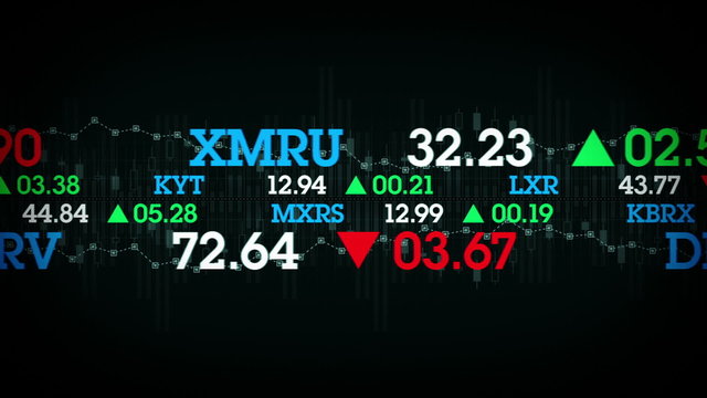 The stock values of fictional companies scroll by on stock tickers. This clip is available in multiple color options and loops seamlessly.