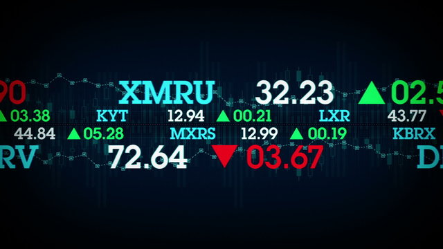 The stock values of fictional companies scroll by on stock tickers. This clip is available in multiple color options and loops seamlessly.