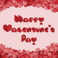 Happy Valentine's day greeting card, designed with red heart font and group of hearts background.