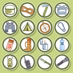 Set of icons for camping and hiking. Icons of the round form on