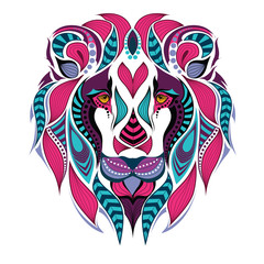 Obraz premium Patterned colored head of the lion. African / indian / totem / tattoo design. It may be used for design of a t-shirt, bag, postcard and poster.