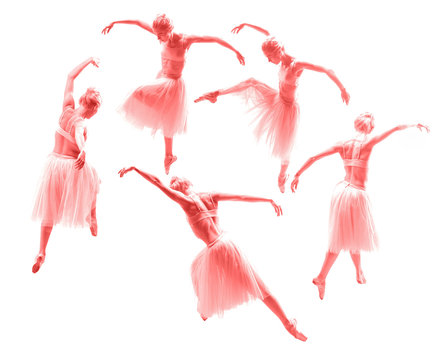 The young beautiful ballerina dancer dancing on a white background. Collage