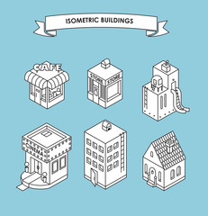 Fototapeta premium Set of Isometric Buildings. Black and white vector illustration
