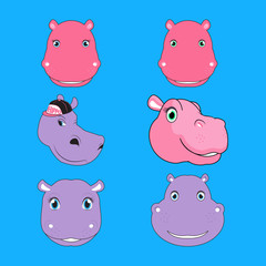 Set of Hippopotamus Head Cartoon