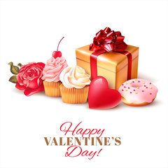 Valentines day background with gift and cakes. Vector illustration.