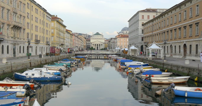 Scenic view of the Canal Grande in Trieste, Italy at sunset.