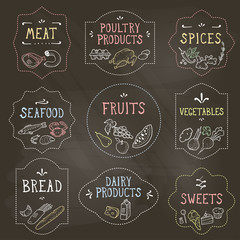 Food Badges Set, Hand Drawn by Chalk. Vector illustration, eps10.