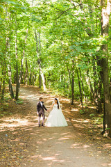 Bride and groom walking  in summer park outdoors