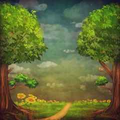 A beautiful woodland scene with trees and sky