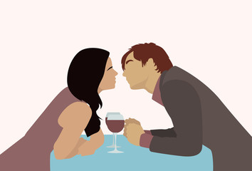 Couple Sitting Cafe Table Drink Wine Kiss Romantic Date