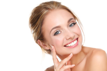 Portrait of beautiful woman on white background