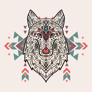 Vector colorful illustration of tribal style wolf with ethnic ornaments. American indian motifs. Totem tattoo. Boho design.