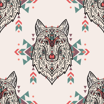 Vector grunge colorful seamless pattern with tribal style wolf with ethnic ornaments. American indian motifs. Boho design.