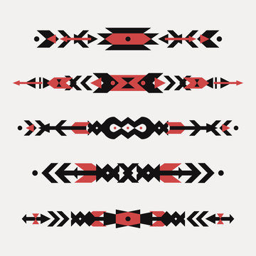 Vector set of decorative ethnic borders with american indian motifs. Boho style. Tribal design elements.