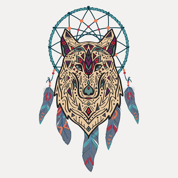 Vector colorful illustration of tribal style wolf with ethnic ornaments and dream catcher. American indian motifs. Totem tattoo. Boho design.