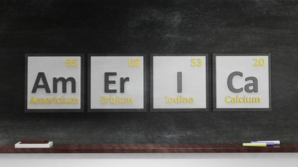 Periodic table of elements symbols used to form word America, on blackboard