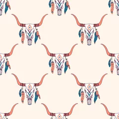 Gordijnen Vector tribal naadloze patroon met stier schedel en etnische veren. Boho-stijl. Amerikaanse Indiase motieven. © eireenz