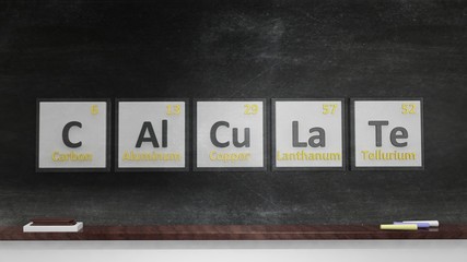 Periodic table of elements symbols used to form word Calculate, on blackboard