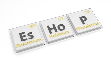 Periodic table of elements symbols used to form word Eshop, isolated on white.