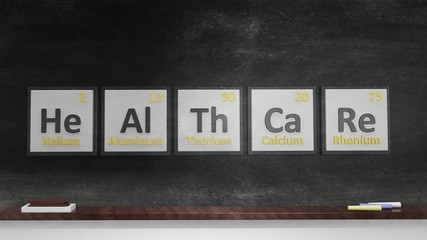 Periodic table of elements symbols used to form word Healthcare, on blackboard