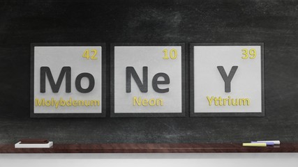 Periodic table of elements symbols used to form word Money, on blackboard