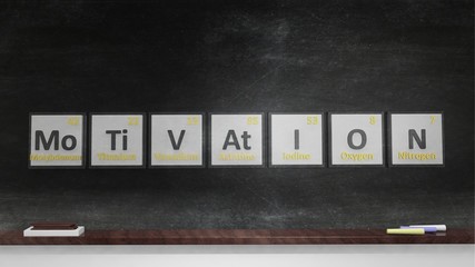 Periodic table of elements symbols used to form word Motivation, on blackboard.