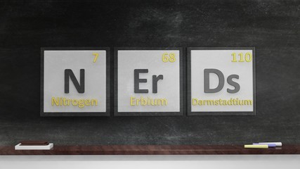 Periodic table of elements symbols used to form word Nerds, on blackboard