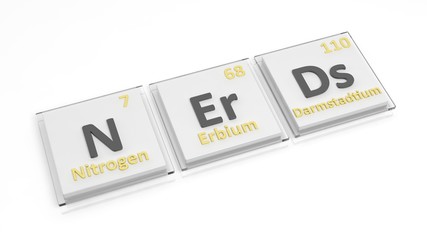 Periodic table of elements symbols used to form word Nerds, isolated on white.