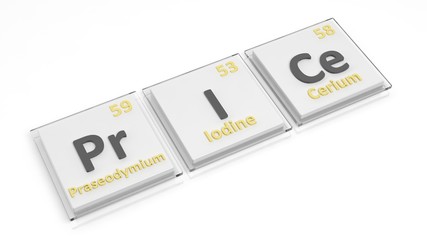 Periodic table of elements symbols used to form word Price, isolated on white.