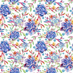 Seamless pattern with watercolor blue succulents. Watercolor flowers with red and green, twigs, leaves.