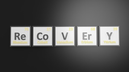 Periodic table of elements symbols used to form word Recovery, isolated on black