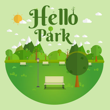 Hello Park. Natural landscape in the flat style. a beautiful park.Environmentally friendly natural landscape.Vector illustration