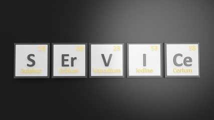 Periodic table of elements symbols used to form word Service, isolated on black