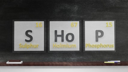 Periodic table of elements symbols used to form word Shop, on blackboard