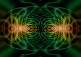 Fototapeta na wymiar Geometric Pareidolia - green and orange lines forming a geometric symmetrical pattern with the appearance of either an alien or reflected insects on a black background 