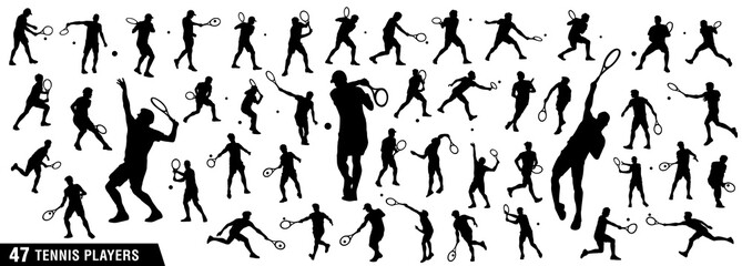 Tennis silhouettes, Vector set of tennis players - obrazy, fototapety, plakaty