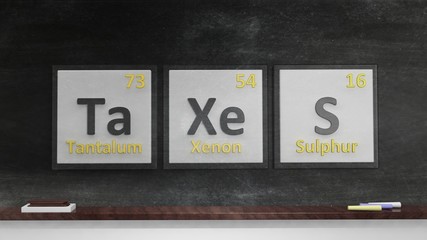 Periodic table of elements symbols used to form word Taxes, on blackboard