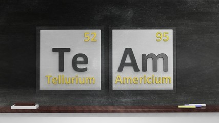 Periodic table of elements symbols used to form word Team, on blackboard