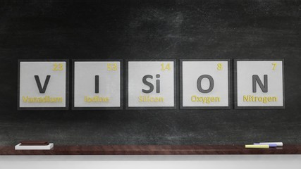 Periodic table of elements symbols used to form word Vision, on blackboard