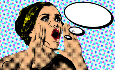 Pop art comic style woman with speech bubble - obrazy, fototapety, plakaty