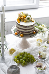 Delicious and tasty dessert table at wedding reception cream pie