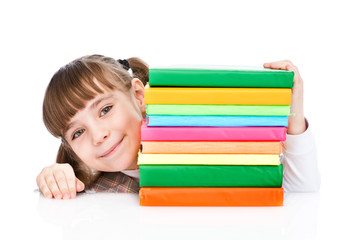 young girl with pile books. isolated on white background