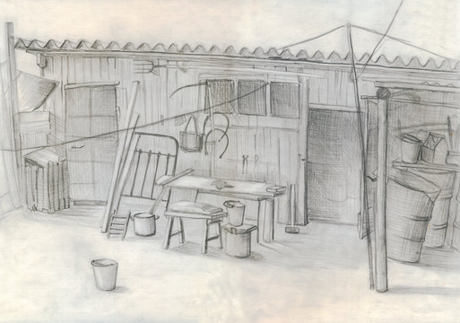 rustic barn. pencil drawing. sketch