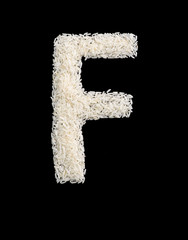 White rice grain alphabet letter f